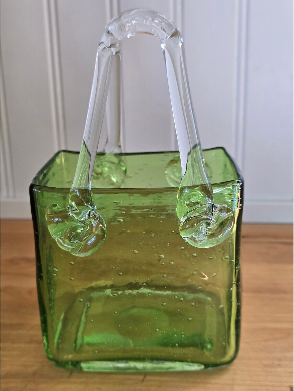Vtg Murano Style Green Bubble Glass Purse Vase Hand Blown Basket Clear Handle